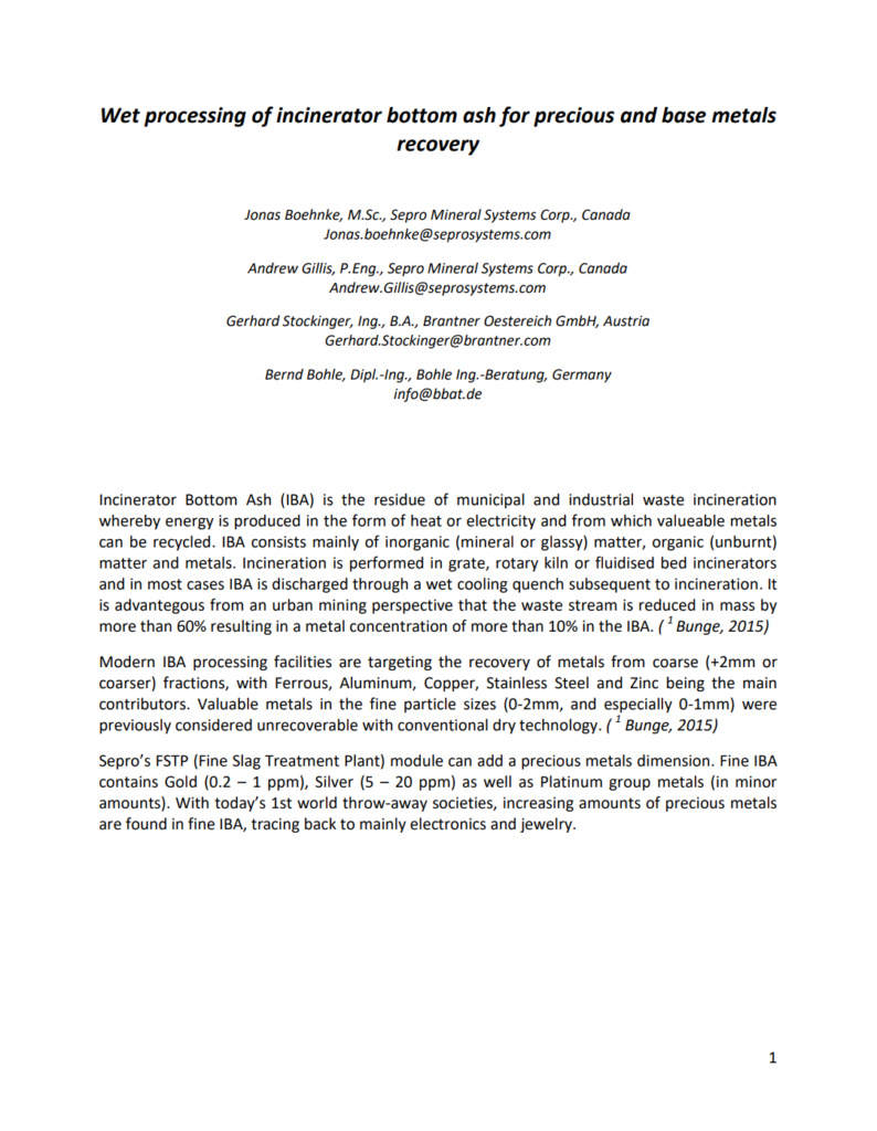 Preview image of the first page of the Sepro and Brantner white paper on wet processing of incinerator bottom ash